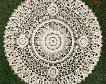 Weiß Teak Holz Kunst-Panel Bett Boho Kopfteil 35 "90 cm Skulptur Lotus Blume Mandala aus Holz handgeschnitzt schnitzen Wandbehang Dekor Thai