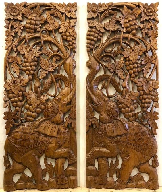 Carved Wood Elephant Panel 2 Pcs, Teak Elephant Panel, Elephant Wall Hanging, Thai Wood Carving, Elephant Wall Art Hanging Asian Wood Decor