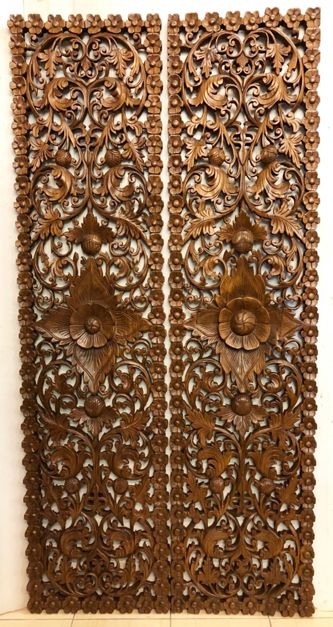Large Carved Wood Wall Art, Teak Wall Art Panel, Lotus Wood Mandala