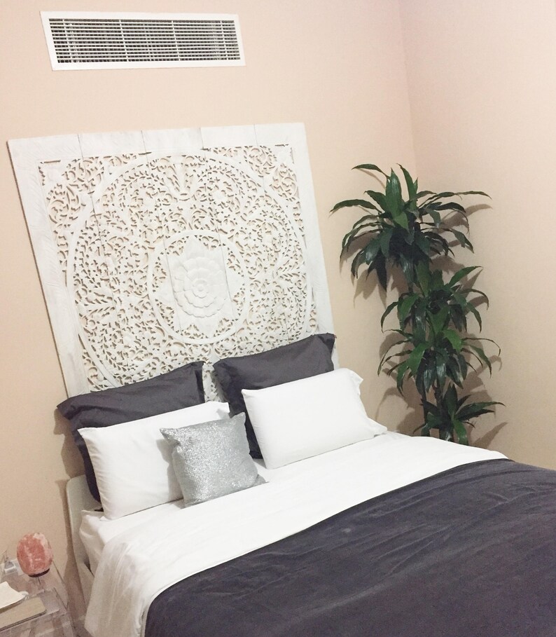 Queen Bed Headboard 59 Flower Wooden Hand Craved Carving Etsy