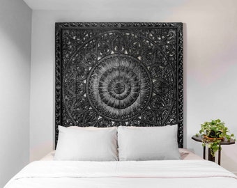 Black Headboard King, Carved Wood Headboard, Large Wood Wall Art Panel, Wall Mounted Wood Carvings, White Wood Mandala Wall Hanging Teak 72