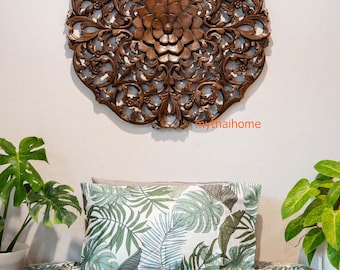86 cm rund rustik snidad sänggavel med mandala i teak, stor träväggkonst, lotusblomma, snidad träpanel, thailändsk brun