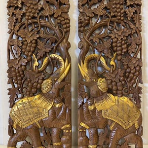 Painel de elefante em madeira esculpida, 2 peças, painel de elefante em teca, decoração de parede com elefante, escultura em madeira tailandesa, decoração de parede com elefante, decoração de madeira asiática 2nd Image