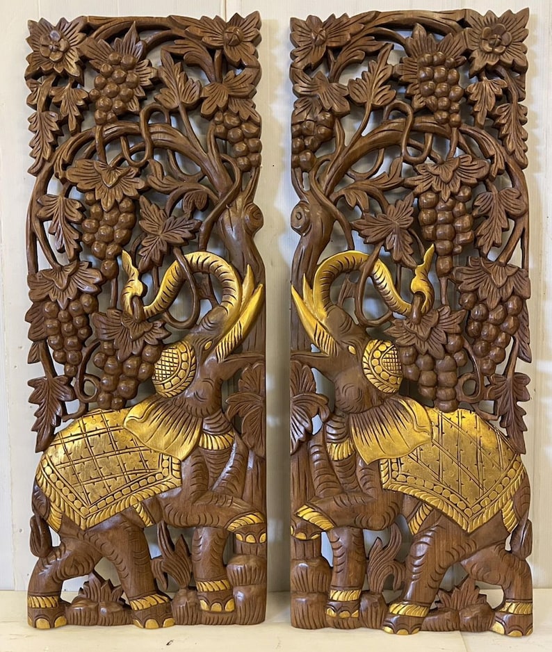 Painel de elefante em madeira esculpida, 2 peças, painel de elefante em teca, decoração de parede com elefante, escultura em madeira tailandesa, decoração de parede com elefante, decoração de madeira asiática 2nd Image