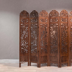 Bohemian Room Divider Folding Screen Panels Wooden Carved Flower Gardenia Teak Asian Screen Large Wood Wall Art Thai Wood Carving Brown 72