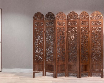 Bohemian Room Divider Folding Screen Panels Wooden Carved Flower Gardenia Teak Asian Screen Large Wood Wall Art Thai Wood Carving Brown 72