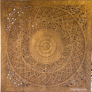 Large Carved Wood Mandala,Carved Wood Headboard King,Teak King Headboard, Mandala Wood Wall Art Panel,Natural Teak Carved Panel,Thai Carving