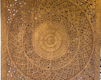 Large Carved Wood Mandala,Carved Wood Headboard King,Teak King Headboard, Mandala Wood Wall Art Panel,Natural Teak Carved Panel,Thai Carving