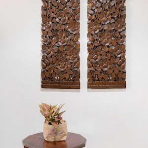 Pair Large Wooden Carved Flower Roses Wood Panel Wall  Decor Thai Wood Carving Natural Teak Bohemian Furniture Wedding Gift Outdoor Black 36