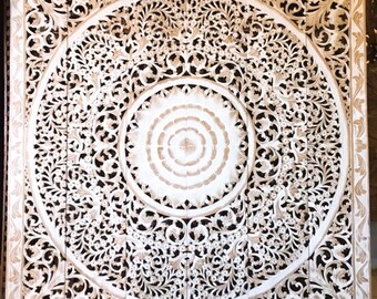 Large King Size Bed Bohemian Headboard 6ft Decorative Lotus Flower Wooden Hand Carved Teak Wood Art Panel Panels White Wall Home Decor Thai