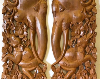 ヴィンテージ 手彫り 木製 象/木 壁掛け タイ アート 8インチ x 4 1/2