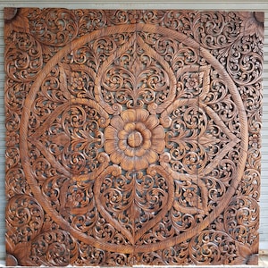 71&quot; Large Wall Art King Size Bed Reclaimed Bohemian Headboard Decorative Flower Mandala Wooden Carved Teak Wood Panel White Decor Thailand