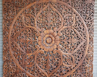 71&quot; Large Wall Art King Size Bed Reclaimed Bohemian Headboard Decorative Flower Mandala Wooden Carved Teak Wood Panel White Decor Thailand