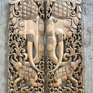 Carved Wood Elephant Set of 2, Elephant Wood Panel Mother Son, Elephant Wood Head Wall Hanging, Thai Wood Carving,Teak Wall Art Hand Carved