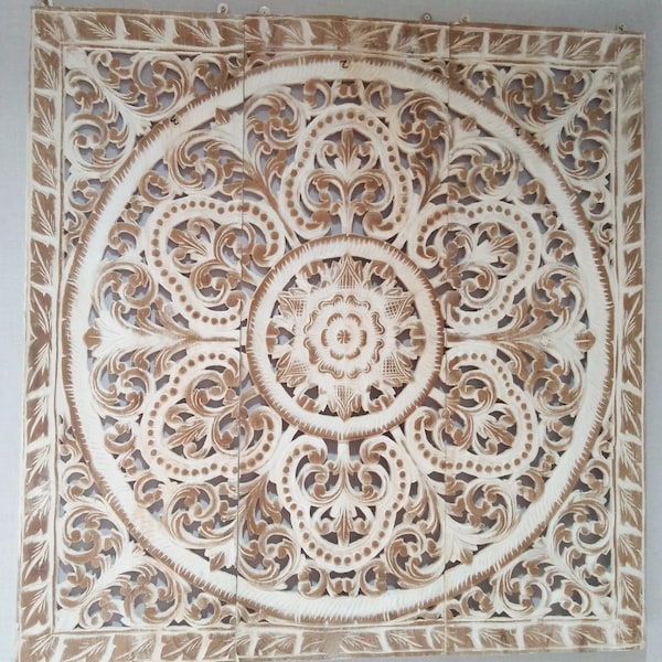 White Teak Wood Art Panel Bed Bohemian Headboard 35" 90cm Sculpture Lotus Flower Mandala Wooden Hand Carved Carving Wall Hanging Decor Thai