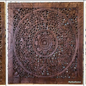 Set of Brown Mandala Wood Carving Panel 36 x 62 inches Wall Art Hanging Wooden Panel Queen Headboard Wood Carved Panels Room Decor Teak Thai