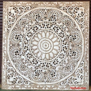 Large Wood Wall Art Panel King Size Bed Bohemian Headboard Decorative Mandala Wood Carving Wall Hanging Carved Teak Thailand Furniture 71 &quot;
