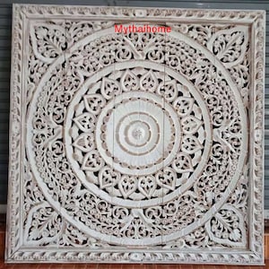 Queen Size Bed Bohemian Headboard 60&quot; White Wash Lotus Flower Mandala Wooden Carved Thai Carving Teak Art Panel Wall Large Furniture Hanging