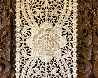 Pannello da parete intagliato in legno artistico da appendere alla parete 180 cm, intaglio in legno tailandese, pannello decorativo mandala di loto bianco, grande testiera in legno di teak recuperato