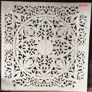 Balinese Lotus King Size Headboard 180cm Carved Wood Wall Panel | Mandala Floral Teak Wood Art | Bali Hand Carved Square Panel Boho Bedroom