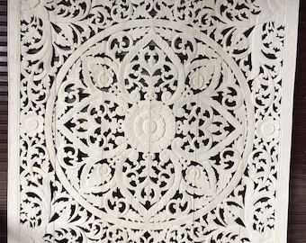 Balinese Lotus King Size Headboard 180cm Carved Wood Wall Panel | Mandala Floral Teak Wood Art | Bali Hand Carved Square Panel Boho Bedroom