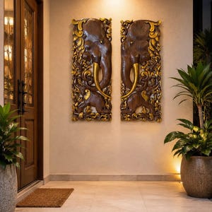 2 PCS Extra thickness Elephant Headed and Forest Wood Carving Elephant Panel 14 x 36 inches Handcraft Wall Art Wall Hanging Decorative Panel