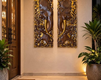 2 PCS Extra thickness Elephant Headed and Forest Wood Carving Elephant Panel 14 x 36 inches Handcraft Wall Art Wall Hanging Decorative Panel