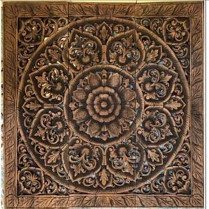 Black Washed Teak Wood Bed Bohemian Headboard 90cm Lotus Flower Mandala Bohemian Wooden Carved Carving Art Panel Wall Decor Thai Rustic Boho