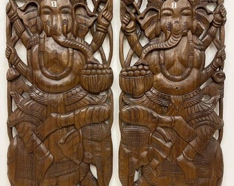 Ganesh Wall Sculpture Set of 2 Wood Carved Elephant God Hindu Statue Wall Hanging Teak Wooden Wall Art Panels Thai Wood Carving Handmade 35"