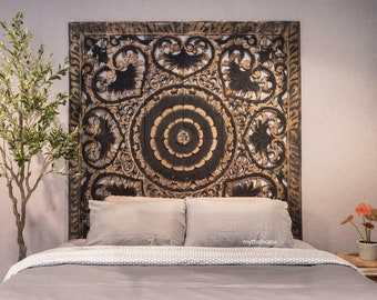 Rustic Large King Size Bed Bohemian Headboard Black Washed Teak Wall Art Mandala Carved Wooden Panels 72 Inch Lotus Flower Home Decor Thai