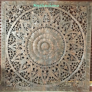 Carved King Headboard, Mandala carved wood wall art, Bohemian wooden wall décor, Thai wood carving, Wood panel art wall hanging, Teak Wood