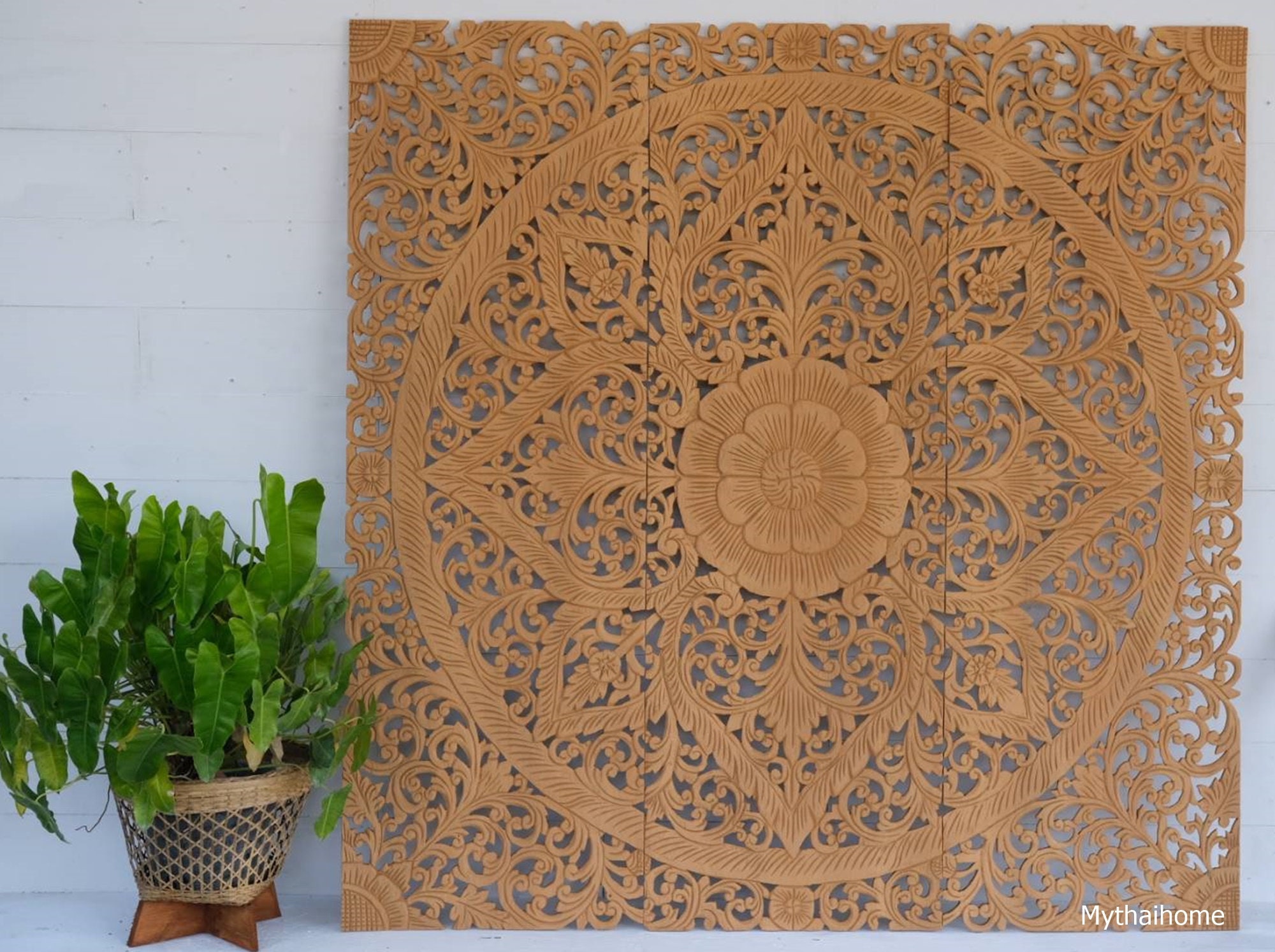 Cabecera de madera tallada tamaño blanco 60 madera recuperada teca pared  Paneles de arte madera pared grande flor de loto Mandala Boho Boho  Decoración -  España