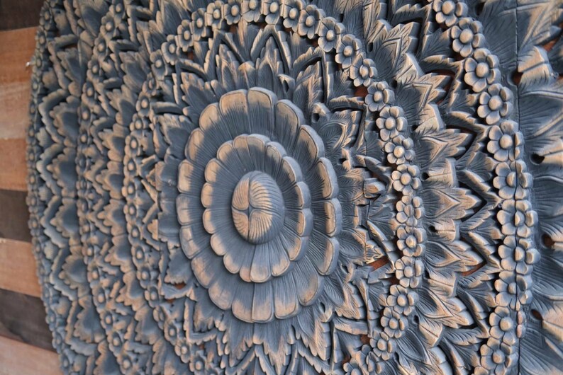 72 Round Black Wash Large Wood Wall Art Carved Headboard | Etsy