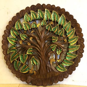 Tree of Life Wood Carving Bodhi Tree Wall Art Hanging Wood Wall Medallion 60cm Hand Carved Asian Wood Mandala Wall Art Carving Teak Panel
