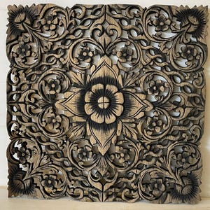 Boho Lotus Flower Teak Wall Art Wood Carving Panel 43cm 17.5 &quot; Decorative Reclaimed Wooden Carved Mandala White Wash Brown Thai Hanging 18