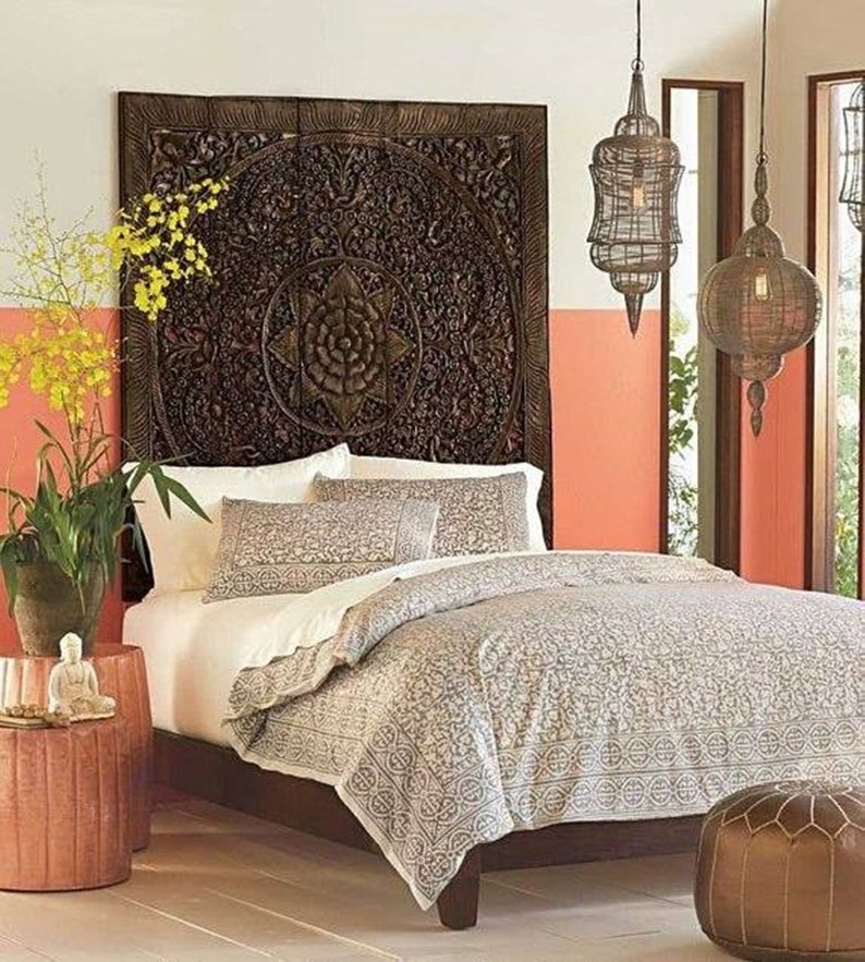 White Queen Size Bed Bohemian Mandala Headboard 59 inch Lotus Etsy