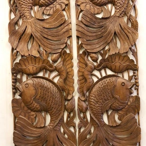Large Wood Wall Art Hand Carved Fish Panel Lotus Flower Wall Hanging Headboard King Teak Wall Art Panels Thai Wood Carving Furniture 72&quot; 180
