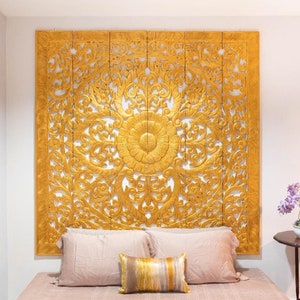 Hand Carved Headboard King Gold Teak Wall Art Large Bohemian Wooden Panel Thai Wood Carving Wall Mandala Flower Lotus Home Decor Thai Rustic