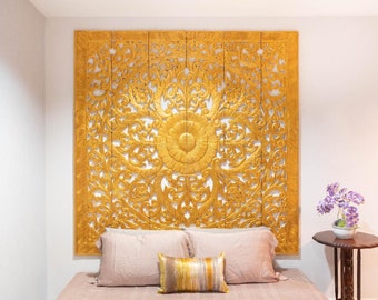 Hand Carved Headboard King Gold Teak Wall Art Large Bohemian Wooden Panel Thai Wood Carving Wall Mandala Flower Lotus Home Decor Thai Rustic