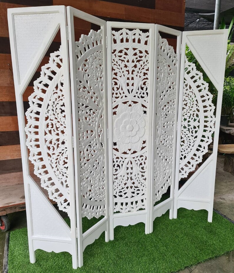 Boho Room Divider Mandala Carved Wood Wall Art Folding Screen Etsy
