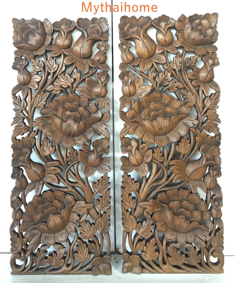 Paire Grand bois sculpté Fleurs Roses Panneau de bois Décor Etsy France