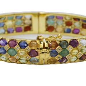Zambian Emerald Ruby Blue Yellow Sapphire Peridot Bangle Bracelet Multi Gems 925 Plate 18K Gold Jewelry Anniversary Birthday Gift Round Oval