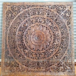 White Thai Queen Size Bed Wood Headboard Sculpture Lotus Flower Mandala Wooden Craved Carving Carve Teak Wood Art Panel Wash Wall Home Decor