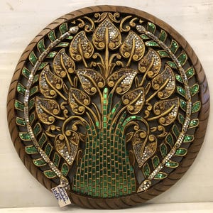 Wooden Round Tree, Carved Wood Wall Art Panel, Mirror Mandala Engraving, Gold tree of life, Bodhi Tree Wall Art,Teak wood art panel Thai 24"
