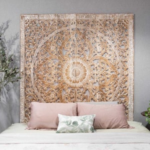 King Size Bed Headboard Wall Mounted Carved Wood Panels Hand Carved Mandala Wooden Wall Decorative Rustic White Washed Bohemian 72 inch Thai