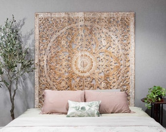 King Size Bed Headboard Wall Mounted Carved Wood Panels Hand Carved Mandala Wooden Wall Decorative Rustic White Washed Bohemian 72 inch Thai