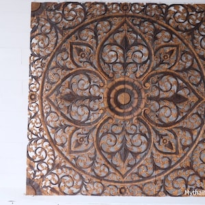 Bohemian Headboard King Large Carved Wood Wall Art Teak Wooden Panels Mandala Flower Wall Decoration Thai Carving Brown Rustic White 71&quot;