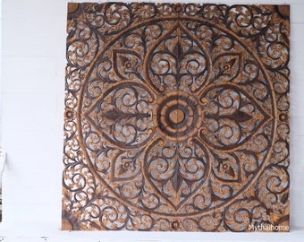 Boho Huvudgavel King Stor Snidad Träväggkonst Teak Träpaneler Mandala Blomma Väggdekoration Thailändsk Snidning Brun Rustik Vit 183 cm