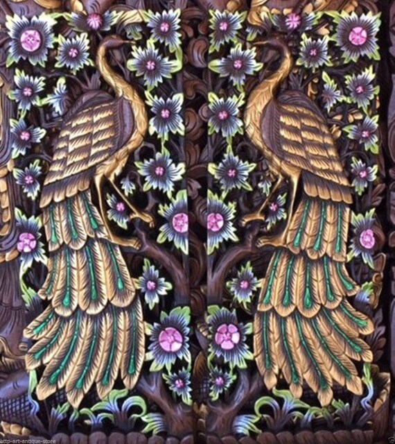Set 2 X 3ft 35 Teak Carve Wood Peacock Wall Decor Thai Image 0
