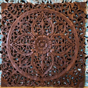 Mandala Lotus Flower Teak Natural Reclaimed Wood Wooden Mandala Carved Carving Panel Wall Art White Wash Brown Black Rustic 60cm 24 Inch